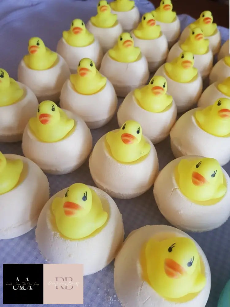 130G Lemon Sherbert Bath Bomb With A Little Rubber Duck Toy Sitting On Top (Hidden Treasure)