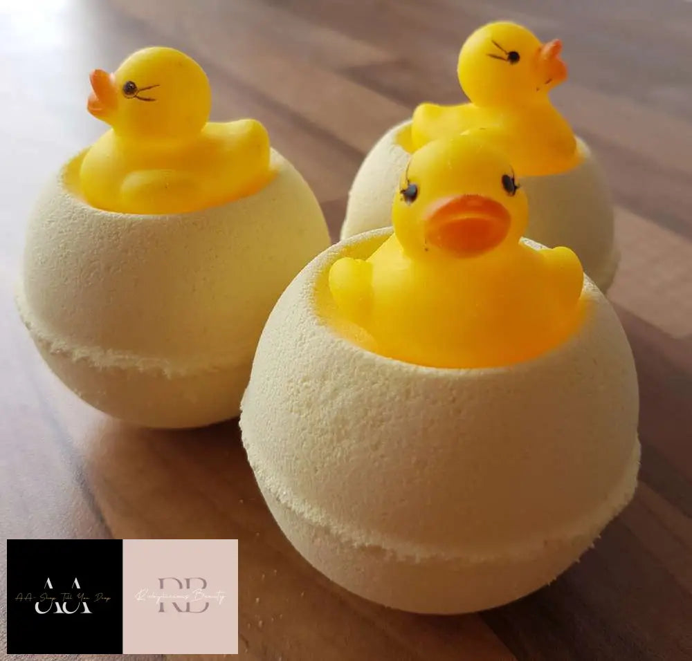 130G Lemon Sherbert Bath Bomb With A Little Rubber Duck Toy Sitting On Top (Hidden Treasure)