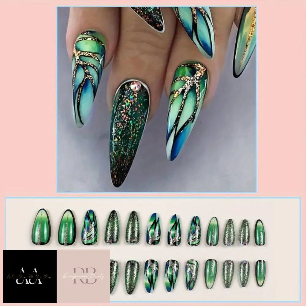 24Pcs/Box Press On Nails - Stiletto Green