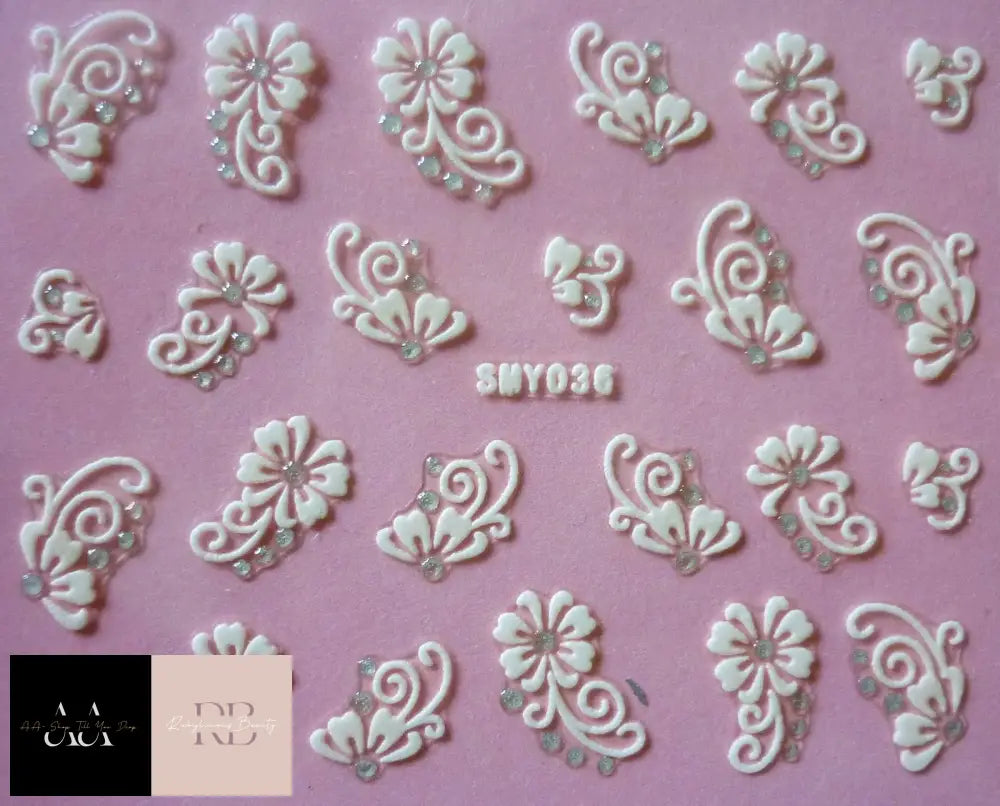 3D Nail Art Lace Stickers - White Silver Flowers & Rhinestones