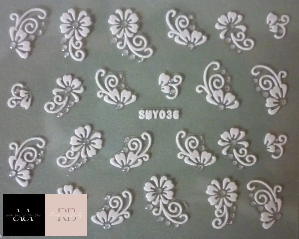 3D Nail Art Lace Stickers - White Silver Flowers & Rhinestones