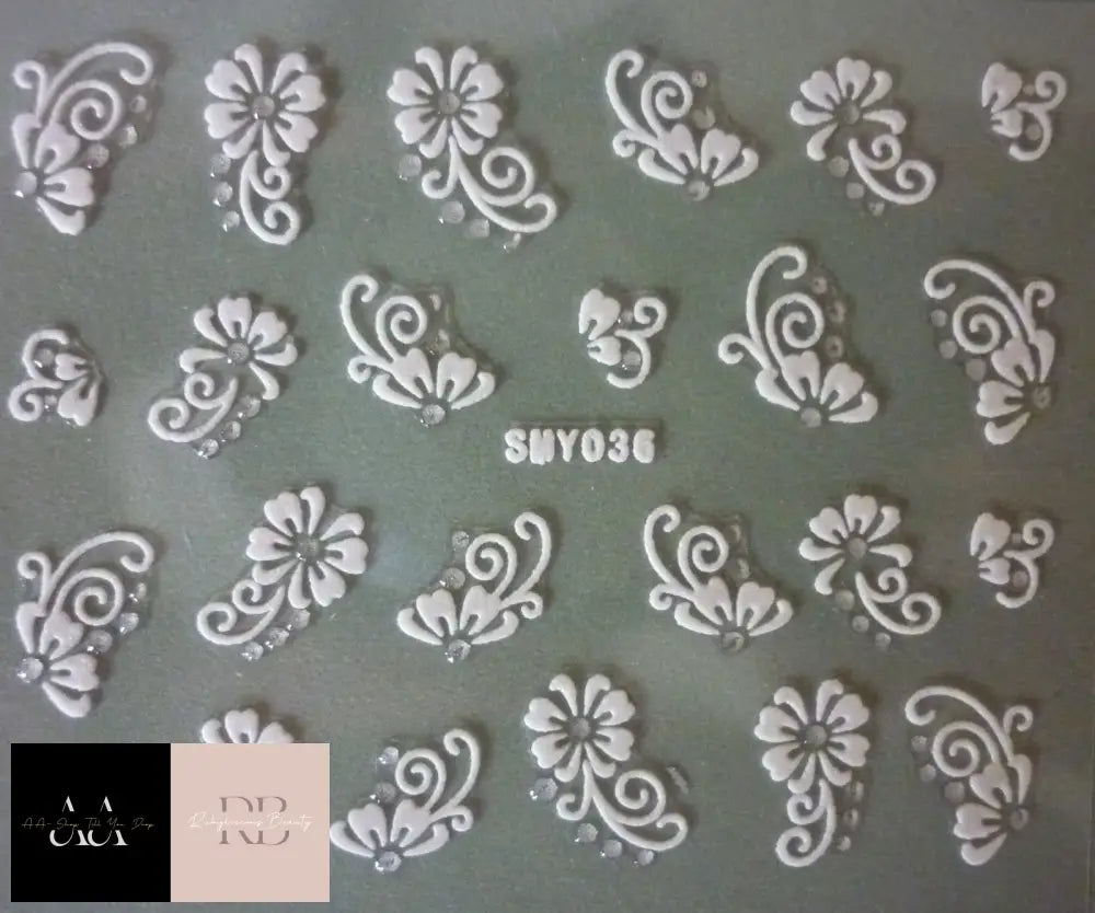 3D Nail Art Lace Stickers - White Silver Flowers & Rhinestones