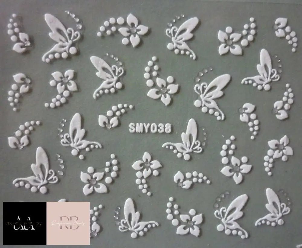 3D Nail Art Stickers - White Silver Flowers Butterflies & Rhinestones