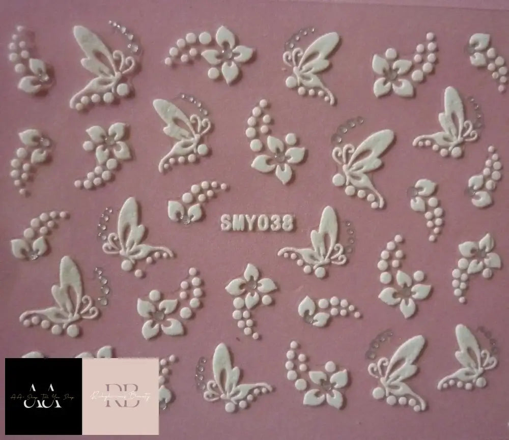 3D Nail Art Stickers - White Silver Flowers Butterflies & Rhinestones