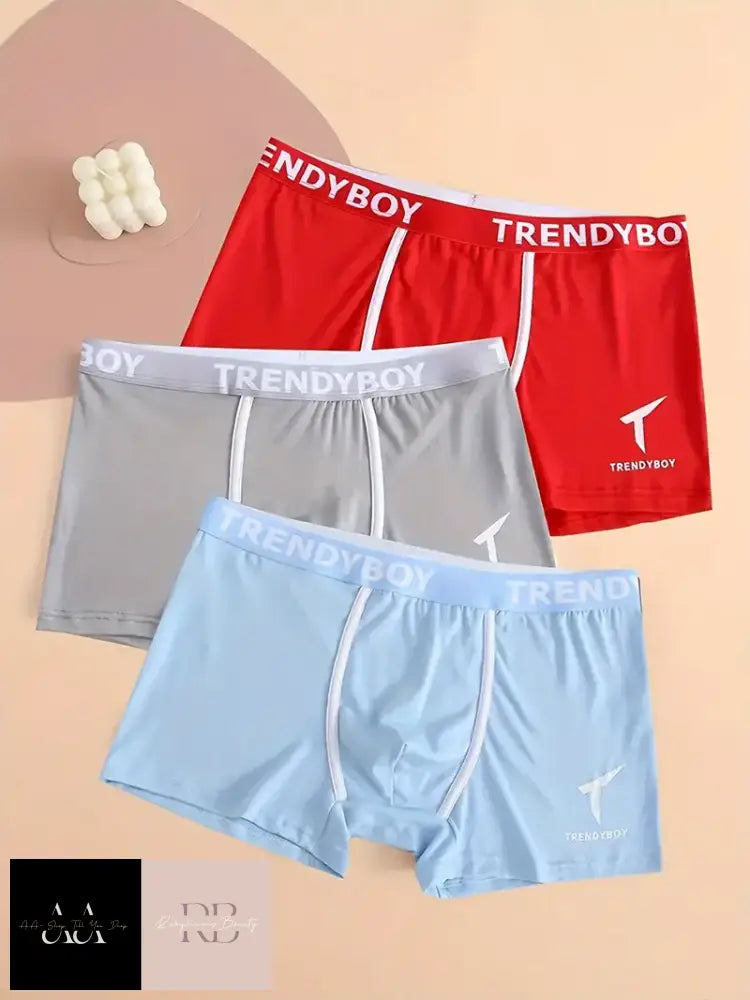 3Pcs Men’s Solid Color Boxer - Red. Light Grey Blue