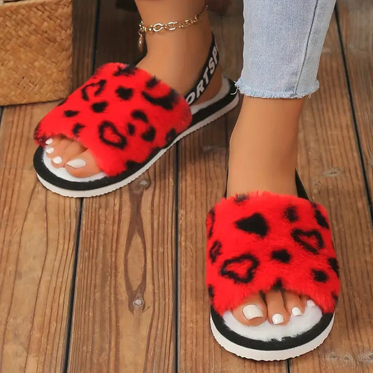 Leopard Print Fuzzy Flat Slippers - Red