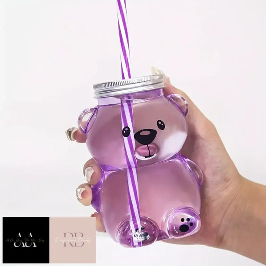 Adorable Plastic Cartoon Bear Straw Cup - Purple