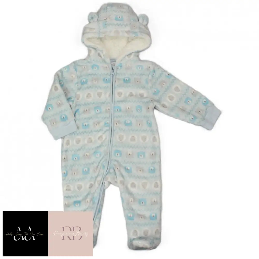 Baby Blue Fairisle Hooded Plush Fleece All In One/ Pram Suit