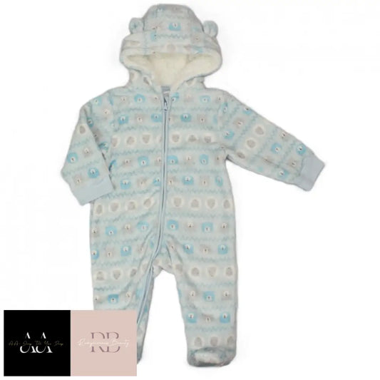 Baby Blue Fairisle Hooded Plush Fleece All In One/ Pram Suit