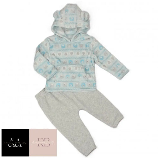 Baby Blue Fairisle Hooded Plush Fleece Top & Jog Pant Set