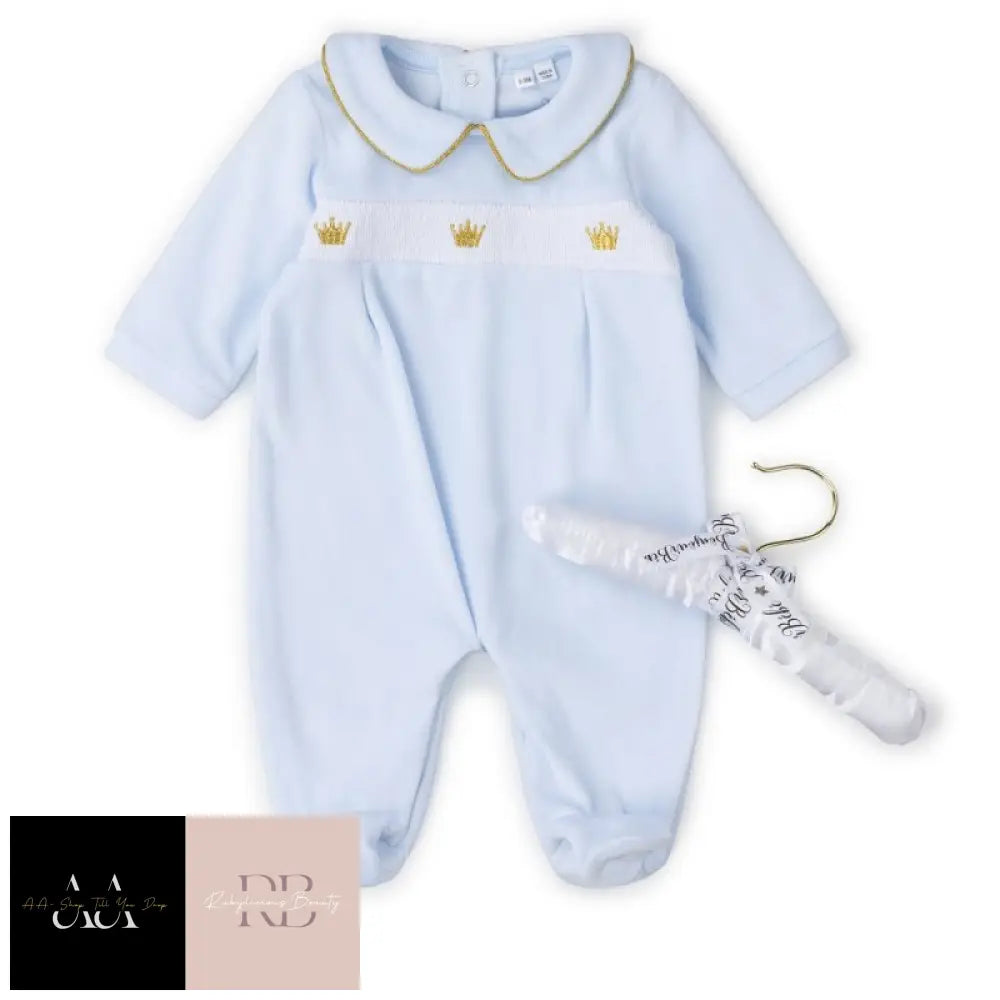 Baby Boys Smocked Velour All In One On A Satin Padded Hanger (0-9 Months)