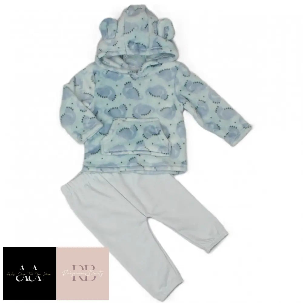 Baby Dino Print Hooded Plush Fleece Top & Jog Pant Set