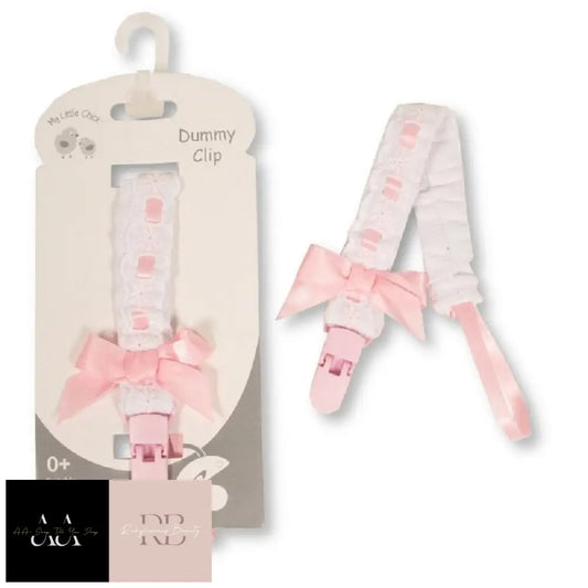 Baby Dummy Clip With Lace Band & Bow (0+ Months) - Choice Of Colour Pink