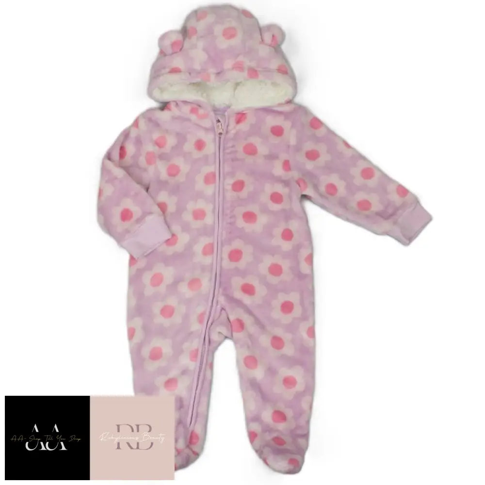 Baby Flower Print Hooded Plush Fleece All In One/ Pram Suit