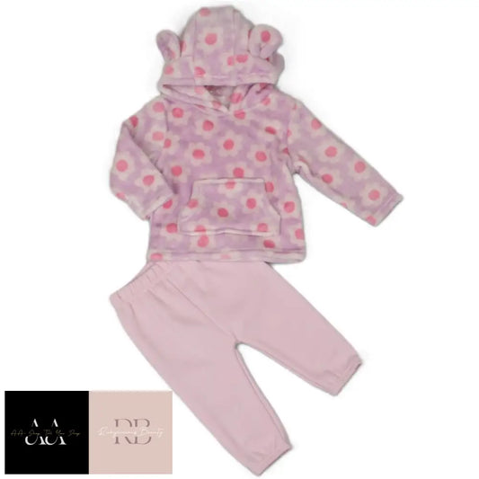 Baby Flower Print Hooded Plush Fleece Top & Jog Pant Set