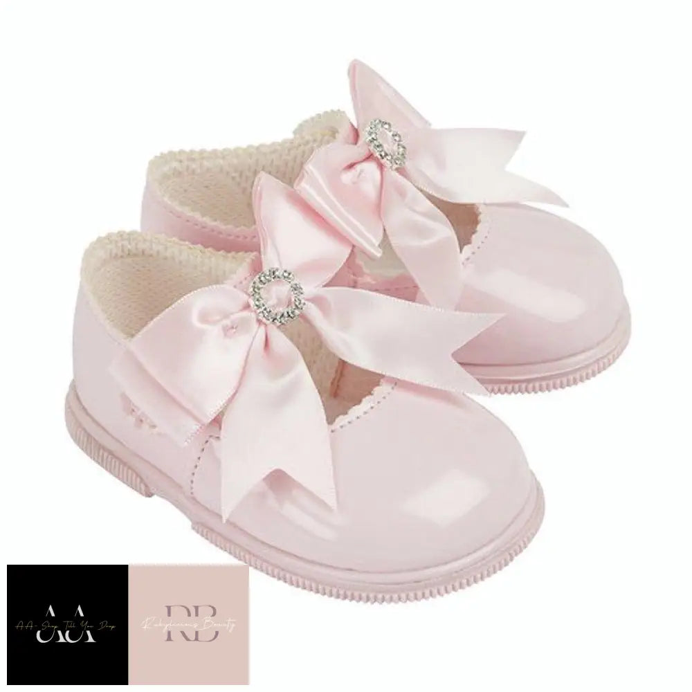 Baby Girls Bow & Diamante Hard Soled Shoe-Pink (Shoe Sizes: 2-6)