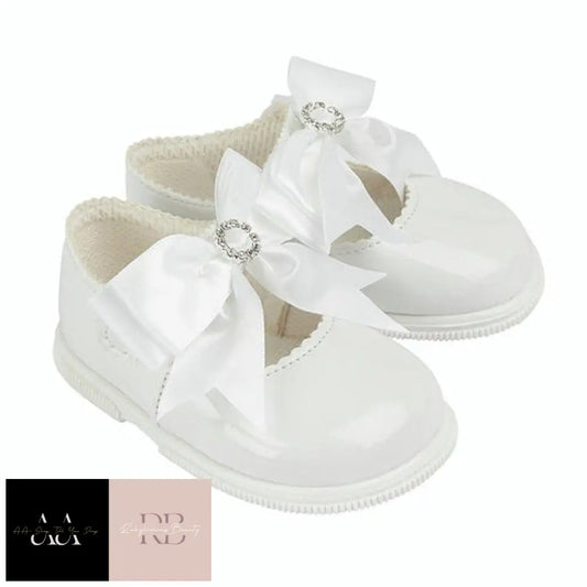 Baby Girls Bow & Diamante Hard Soled Shoe-White (Shoe Sizes: 2-6)