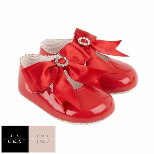 Baby Girls Bow & Diamante Soft Soled Shoe-Red (Shoe Sizes: 0-3)