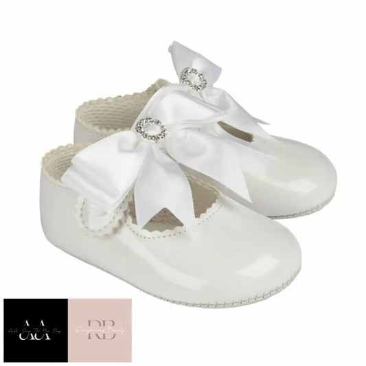 Baby Girls Bow & Diamante Soft Soled Shoe-White (Shoe Sizes: 0-3)