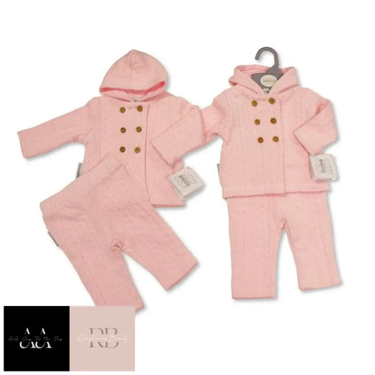 Baby Girls Knitted Hooded Jacket & Pant Outfit (Nb-6Months)