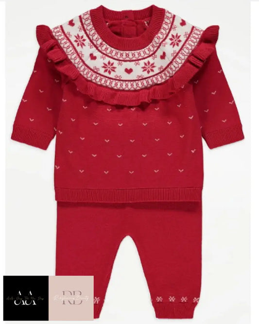 Baby Girls Red Fairisle Frilled Jumper And Leggings Outfit (12-18 Months)