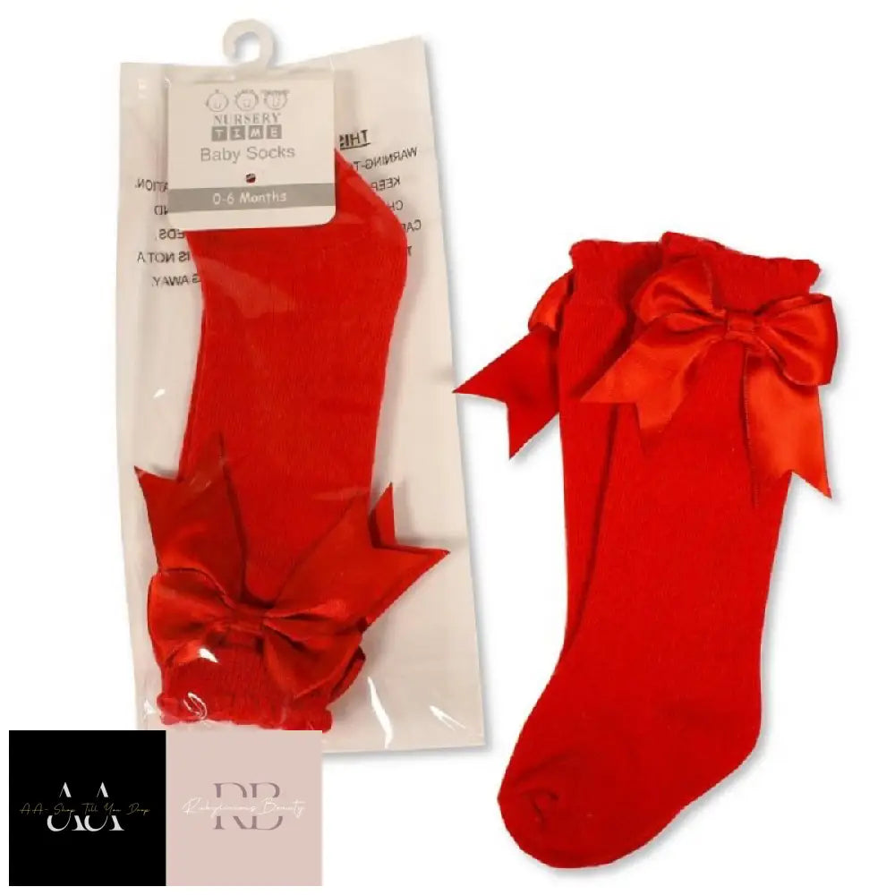 Baby Knee Length Socks With Bow - Red (0-18 Months)