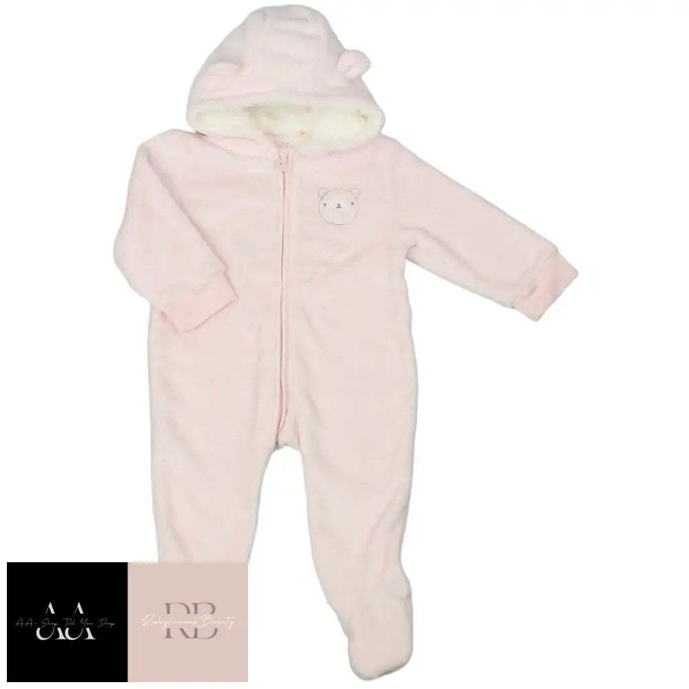 Baby Pink Bear Hooded Plush Fleece All In One/ Pram Suit