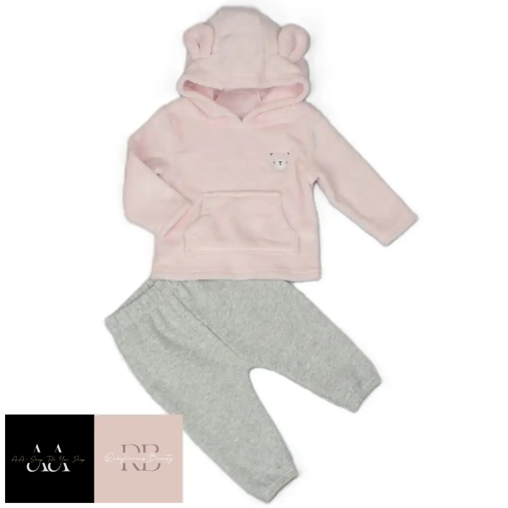 Baby Pink Bear Hooded Plush Fleece Top & Jog Pant Set