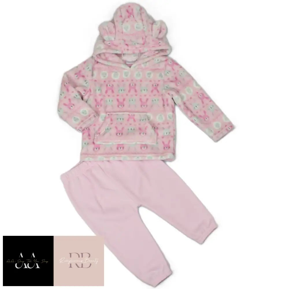 Baby Pink Fairisle Hooded Plush Fleece Top & Jog Pant Set