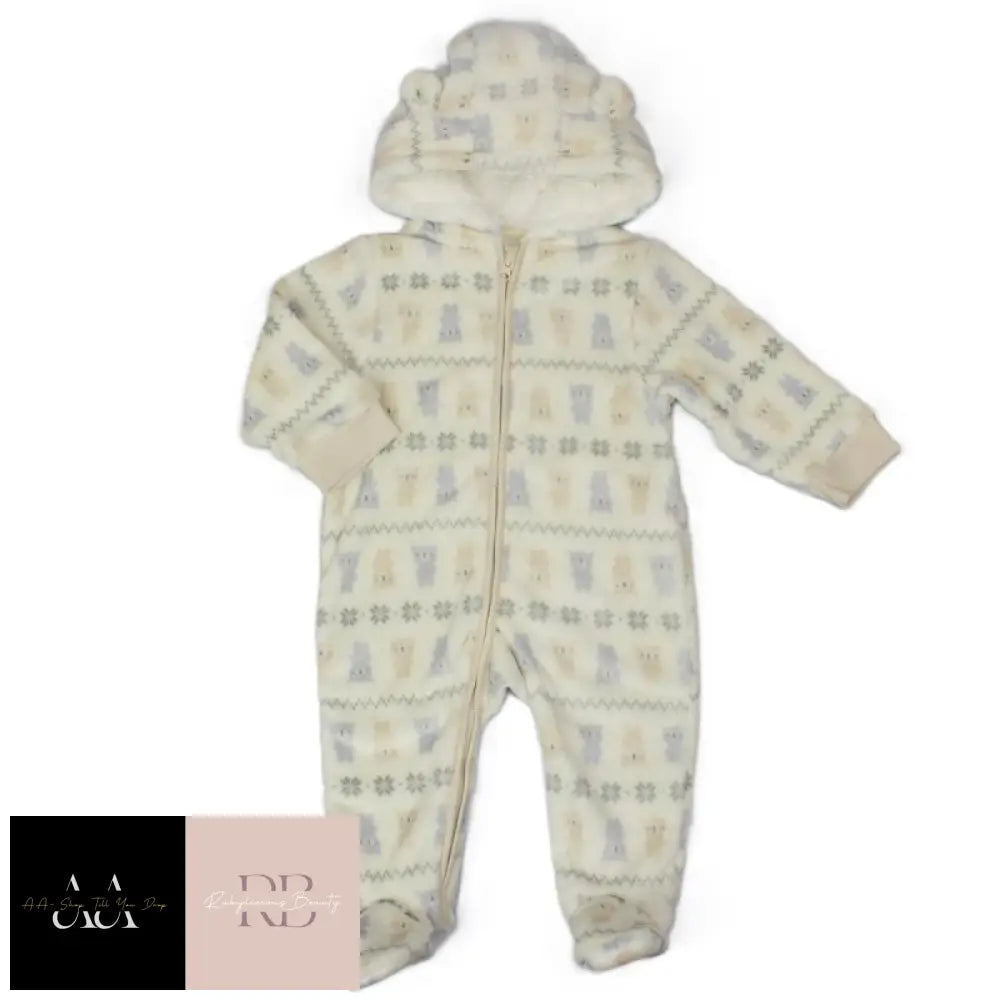 Baby Unisex Fairisle Hooded Plush Fleece All In One/ Pram Suit