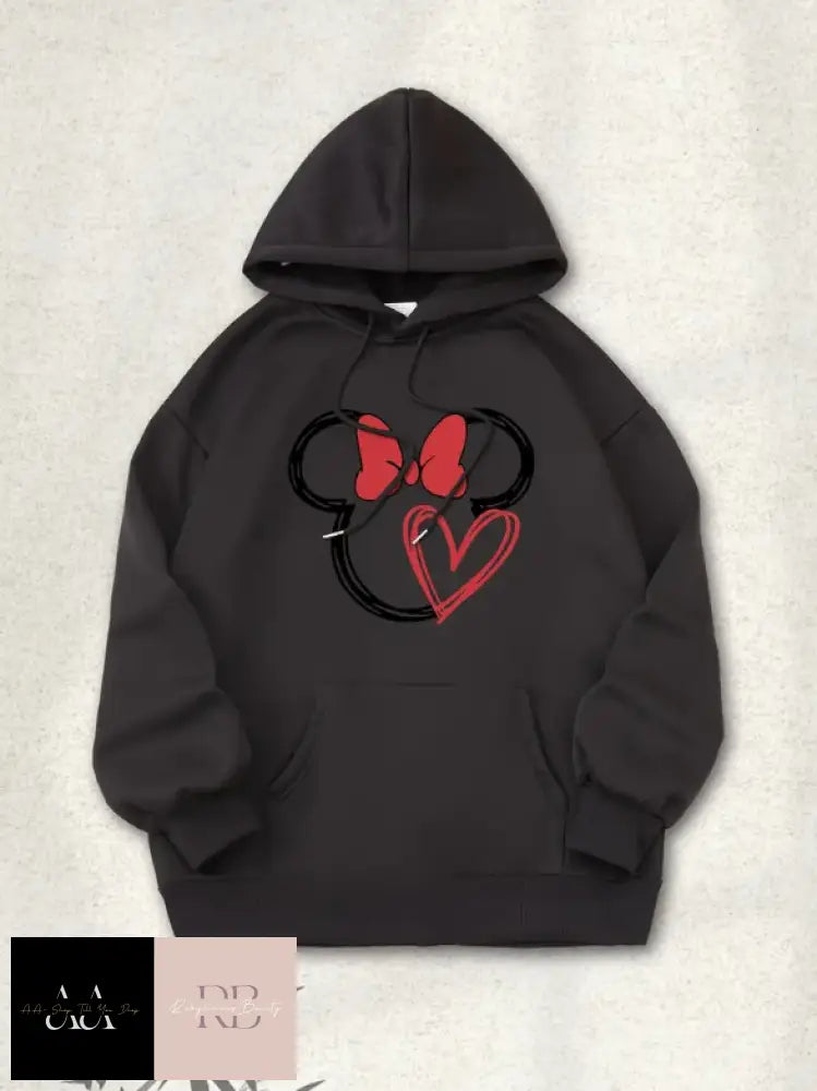 Cartoon Mouse Heart Print Drawstring Kangaroo Pocket Hooded Sweatshirt - Black