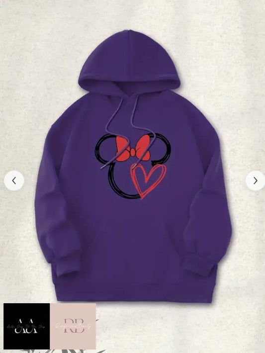 Cartoon Mouse Heart Print Drawstring Kangaroo Pocket Hooded Sweatshirt - Purple