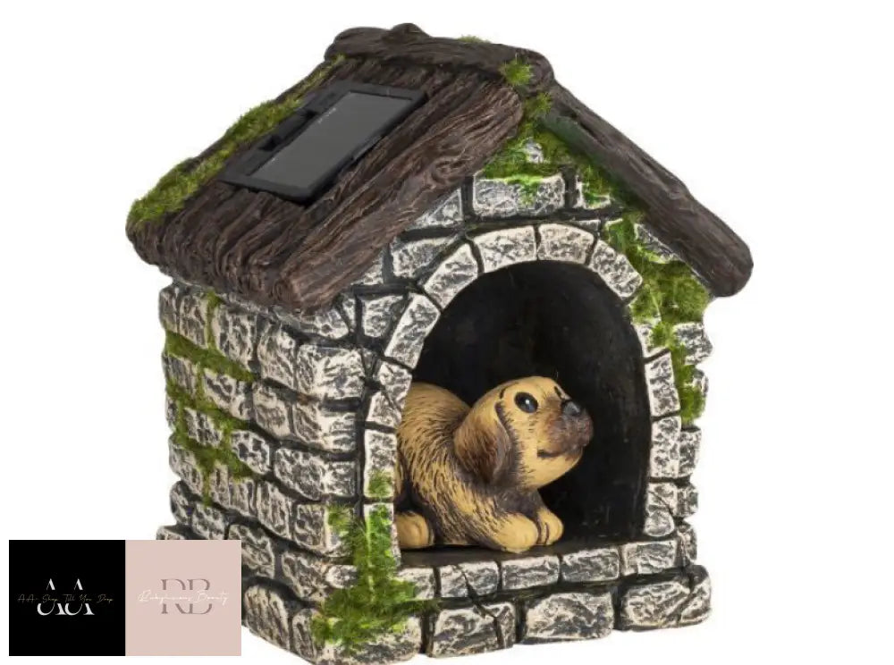 Cement Garden Ornament With Solar Light - Dog In Kennel