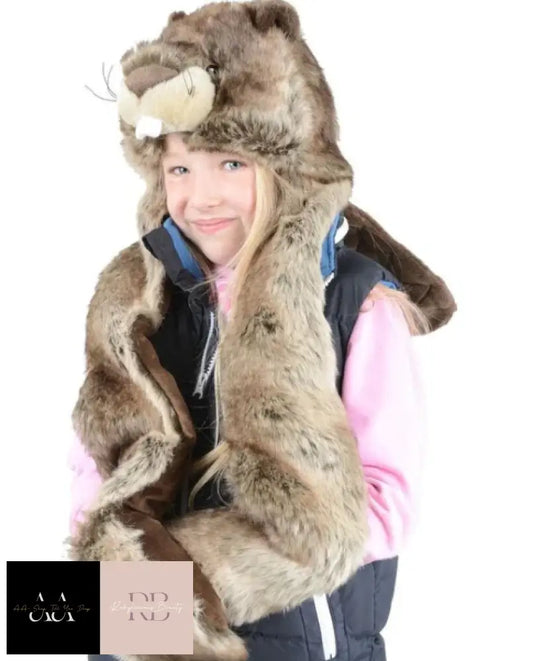 Childrens Deluxe Beaver Hat With Attached Scarf & Mittens