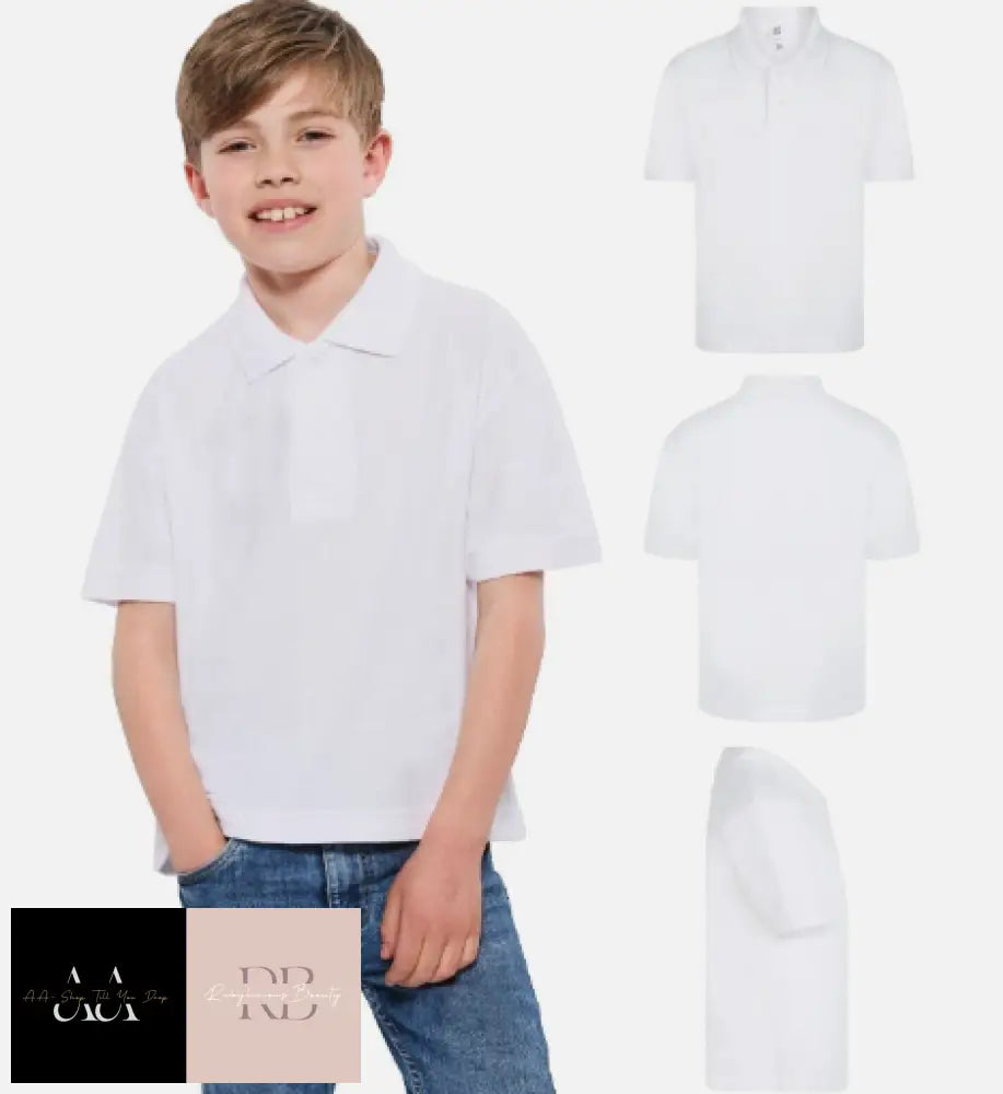 Childs Plain Short Sleeve Polo Shirt Neck 2 Button T-Shirt 3 - 4- Yrs / White