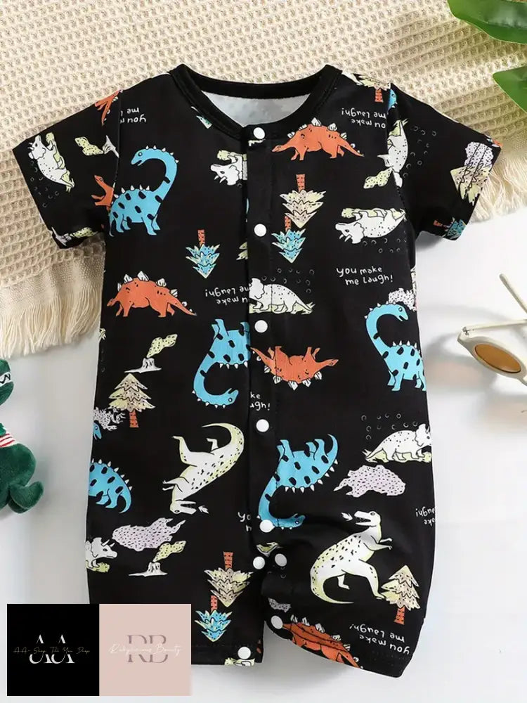 Cute Dinosaur Paradise Cartoon Print Baby Jumpsuit - Black 3/24Months