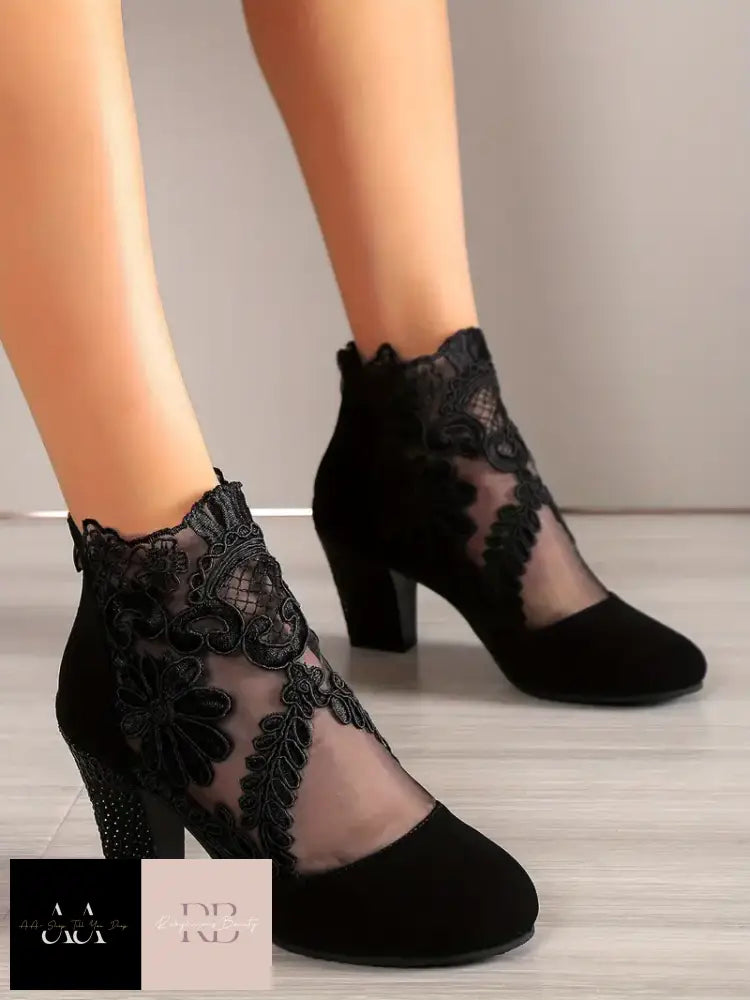 Floral Embroidered Mesh Ankle Boots - Black