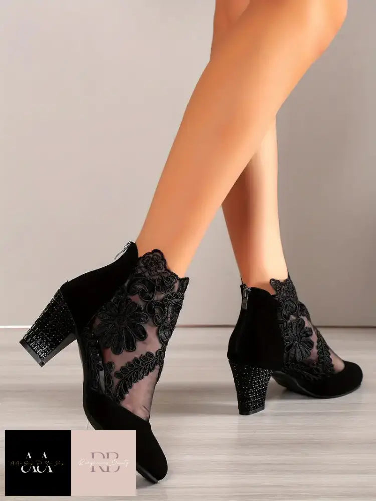 Floral Embroidered Mesh Ankle Boots - Black