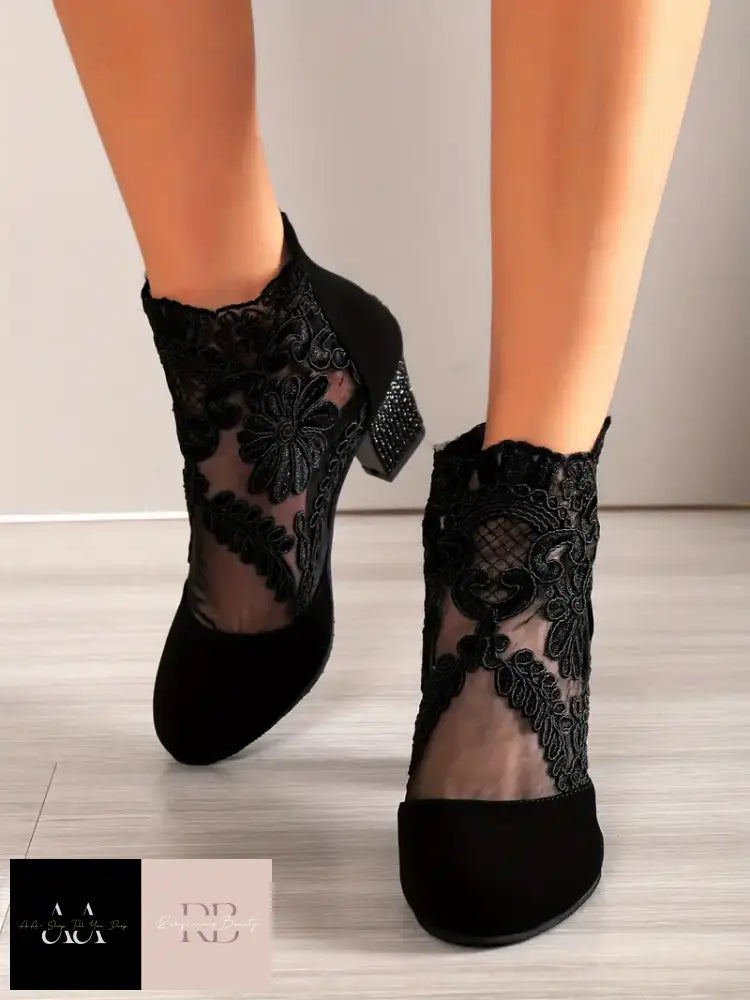 Floral Embroidered Mesh Ankle Boots - Black