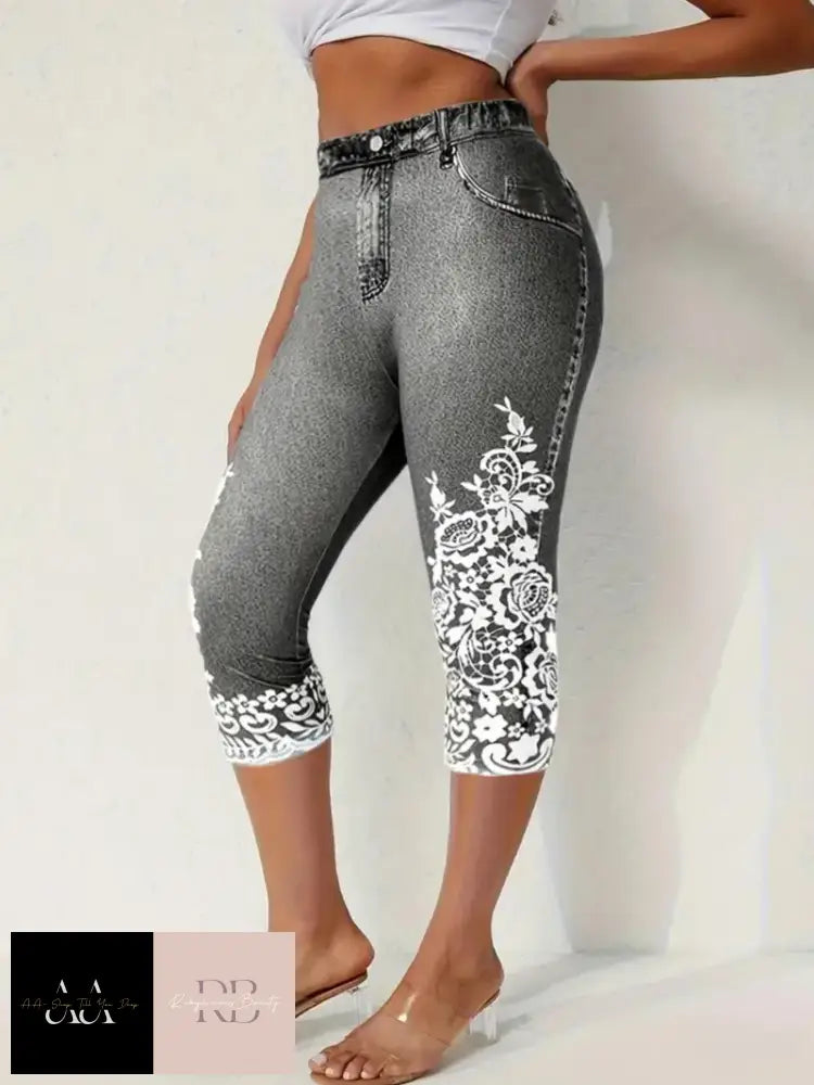 Floral Print Fake Pocket Leggings - Elastic Waist Black