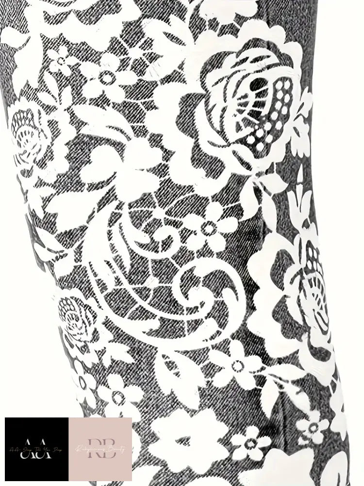 Floral Print Fake Pocket Leggings - Elastic Waist Black