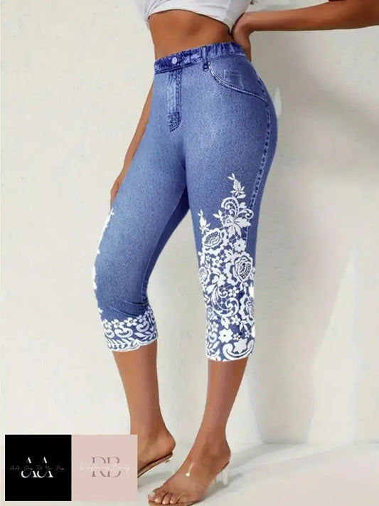 Floral Print Fake Pocket Leggings - Elastic Waist Dark Blue