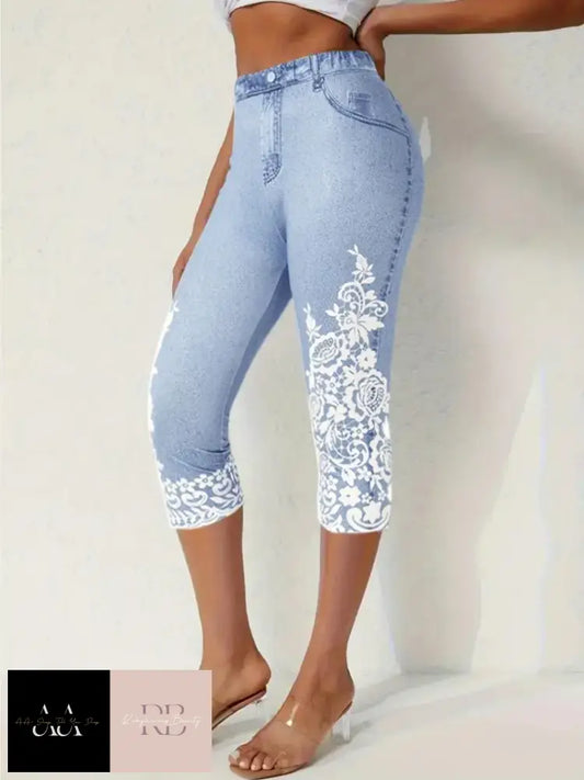 Floral Print Fake Pocket Leggings - Elastic Waist Light Blue