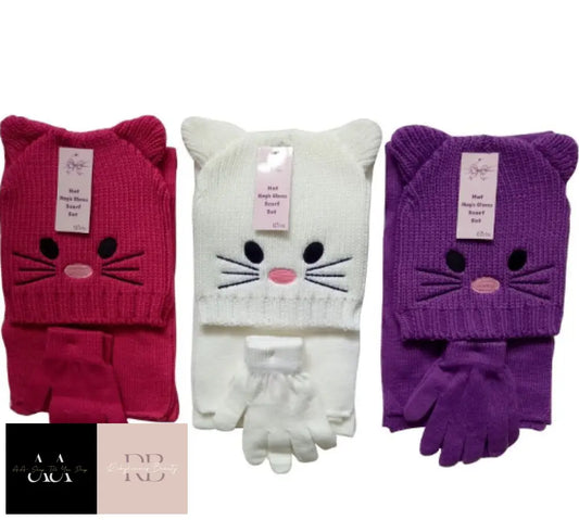 Girls Cat Face Hat Scarf & Gloves Set