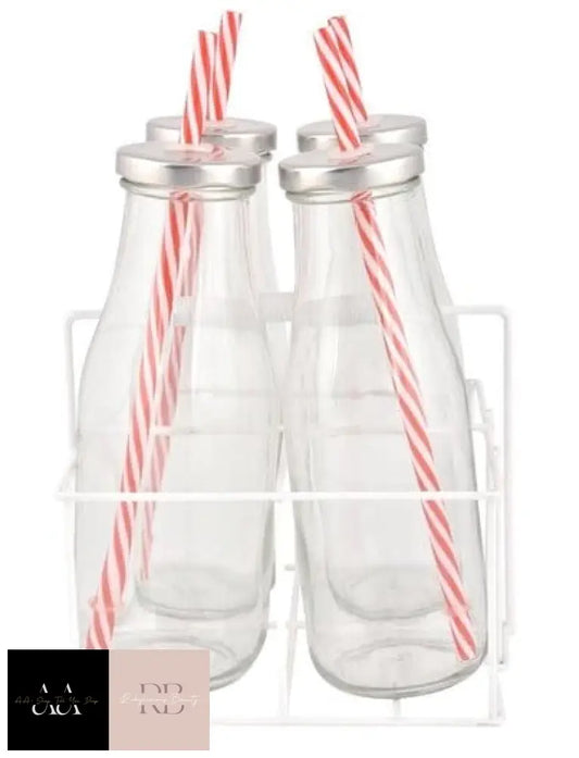 Glass Bottles & Straws In Rack - 24Cm