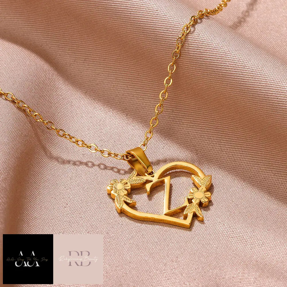 Gold Color Dainty Flower Initials Necklace - Choice Of Initials