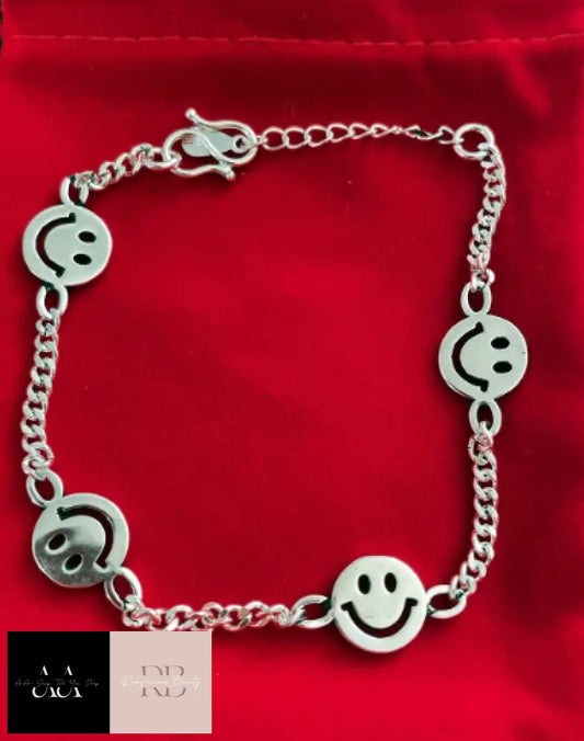 Happy Face Linked Charm 925 Sterling Silver Plt Bracelet