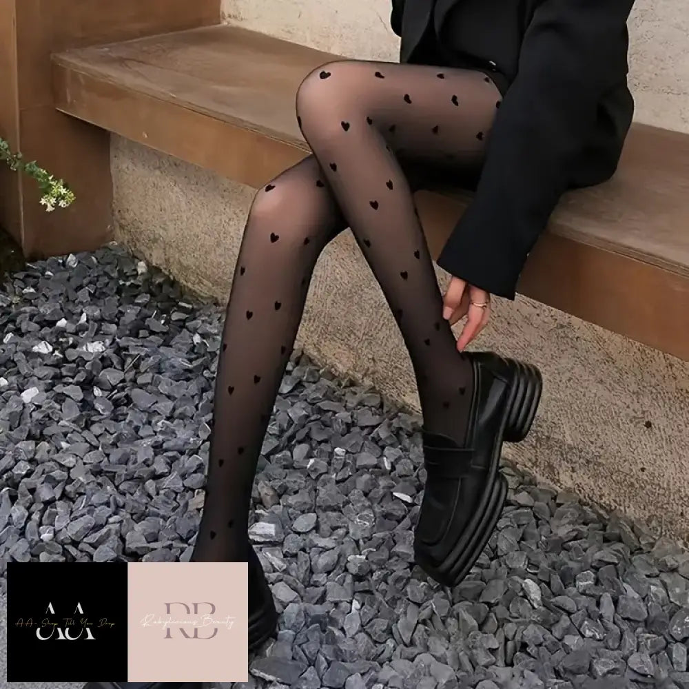 Heart Pattern High Waist - Pantyhose Black One-Size