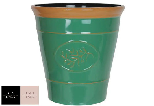 High Gloss Plastic Planter X 30Cm - Embossed Olive Branch Dark Green With Brown Rim