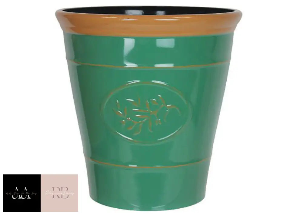 High Gloss Plastic Planter X 40Cm - Embossed Olive Branch Dark Green With Brown Rim